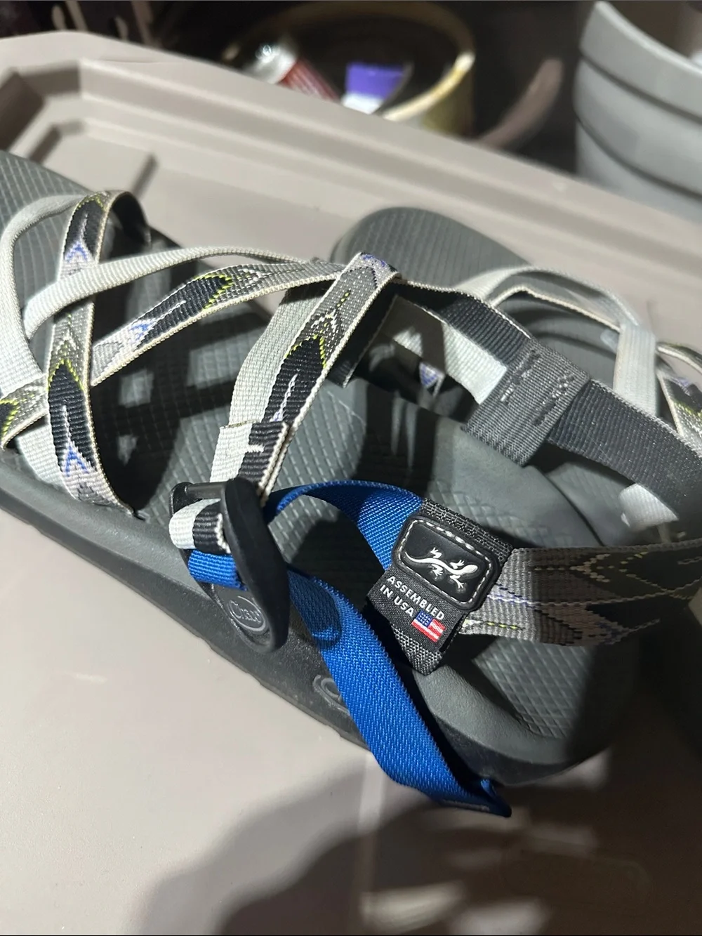 Chaco Gray Sandals with Blue Accent Strap